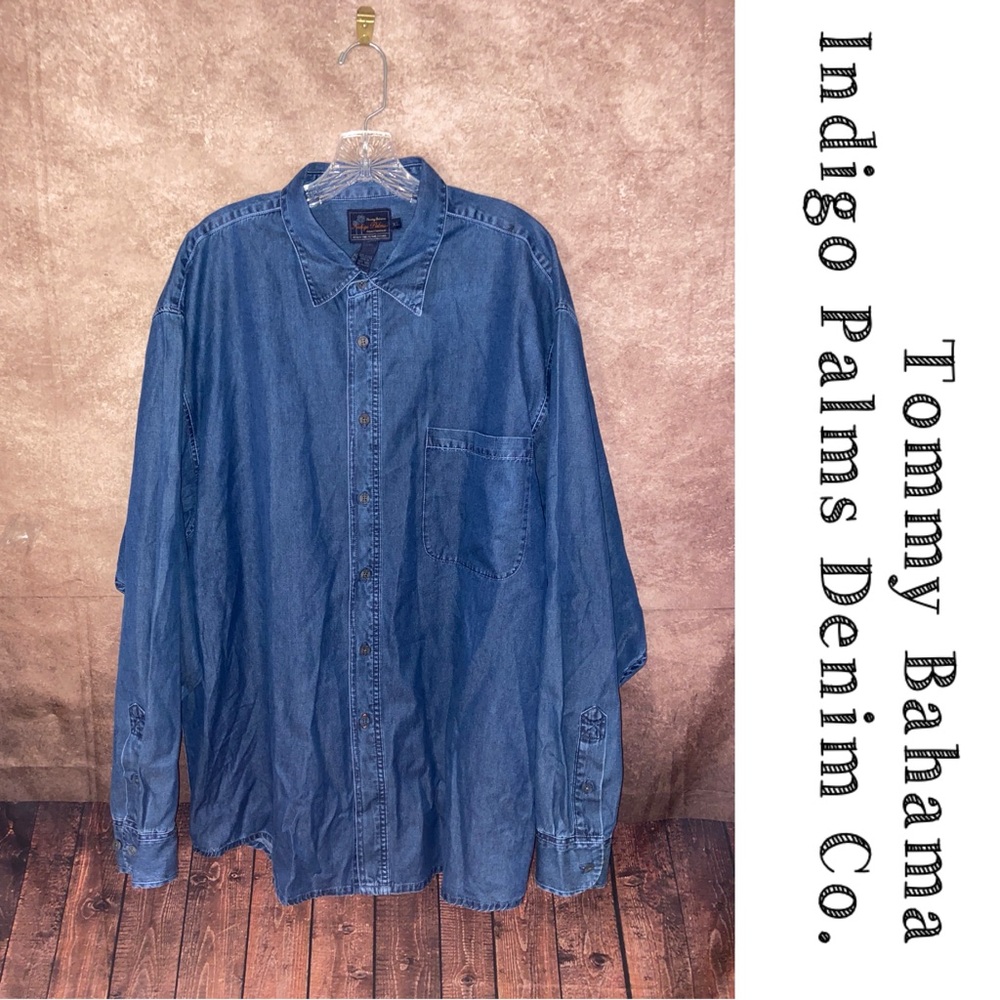 Tommy Bahama~Indigo Palms Denim~Blue 100% Cotton Button Down Shirt~Size XL~EUC